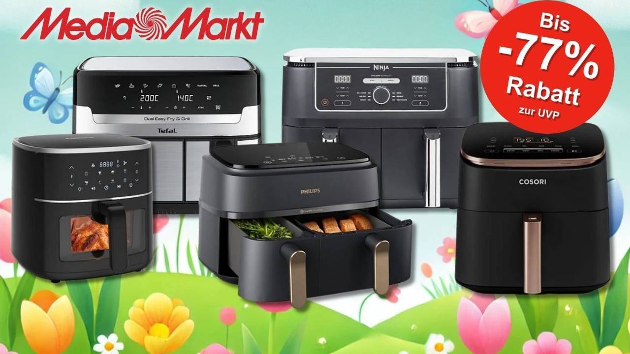 Airfryer Modelle von Marken wie Ninja, Tefal, Cosori, WMF und Philips vor einem Hintergrund mit einer grünen Wiese, Blumen und bunten Ostereiern.