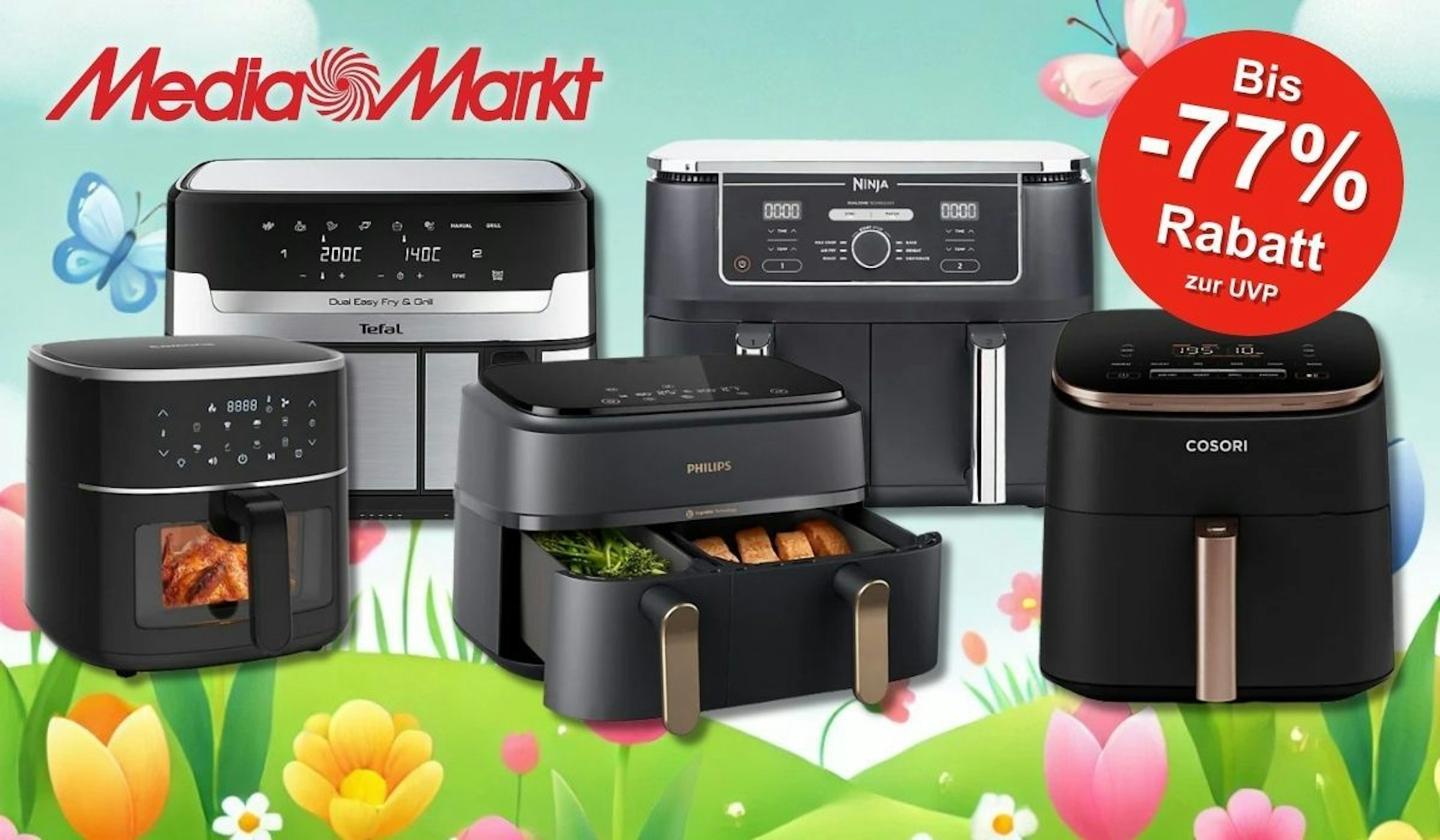 Airfryer Modelle von Marken wie Ninja, Tefal, Cosori, WMF und Philips vor einem Hintergrund mit einer grünen Wiese, Blumen und bunten Ostereiern.