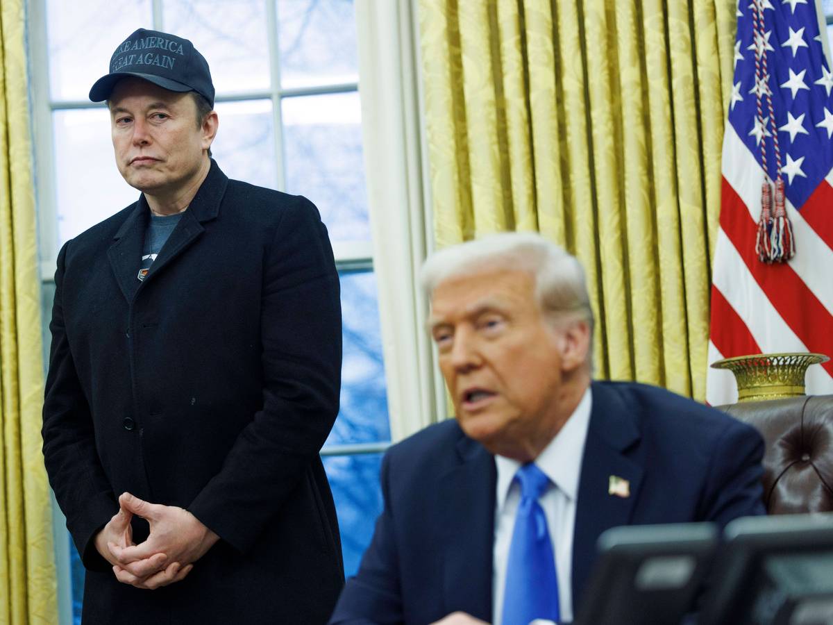 Elon Musk blickt während einer Ansprache auf Donald Trump