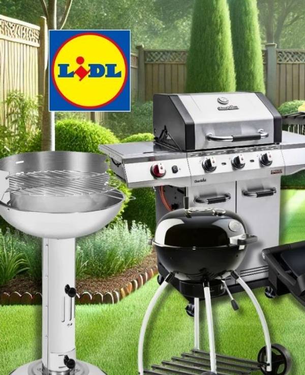 Verschiedene Grillmodelle wie klassischer Holzkohlegrill, zwei große Gasgrills, elektrischer Kontaktgrill, Räucherofen vor dem Bild eines Gartens mit grünem, kurzgeschnittenen Rasen und Holz-Zaun.