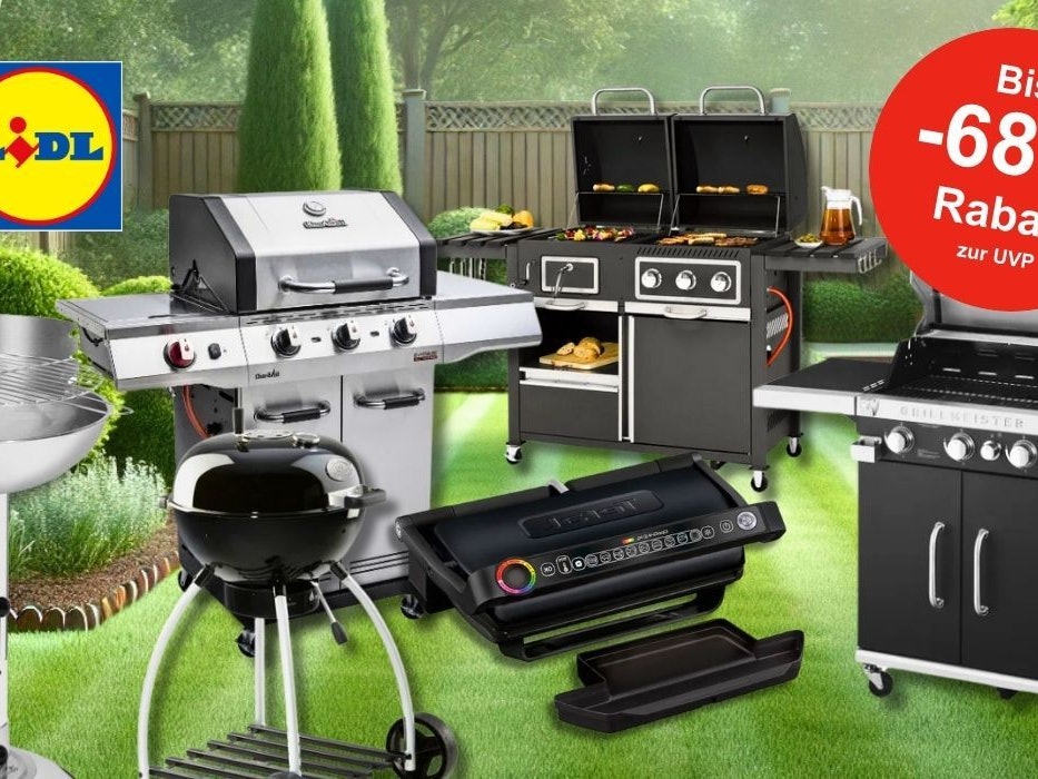 Verschiedene Grillmodelle wie klassischer Holzkohlegrill, zwei große Gasgrills, elektrischer Kontaktgrill, Räucherofen vor dem Bild eines Gartens mit grünem, kurzgeschnittenen Rasen und Holz-Zaun.