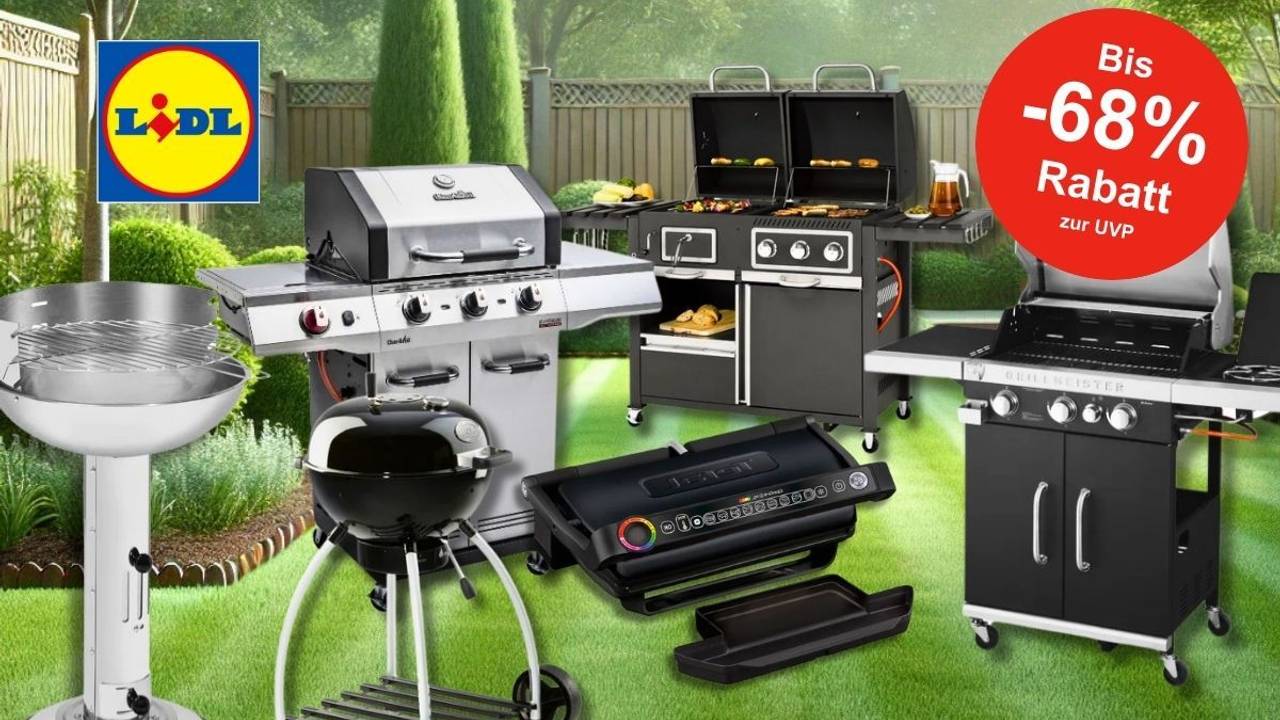 Verschiedene Grillmodelle wie klassischer Holzkohlegrill, zwei große Gasgrills, elektrischer Kontaktgrill, Räucherofen vor dem Bild eines Gartens mit grünem, kurzgeschnittenen Rasen und Holz-Zaun.