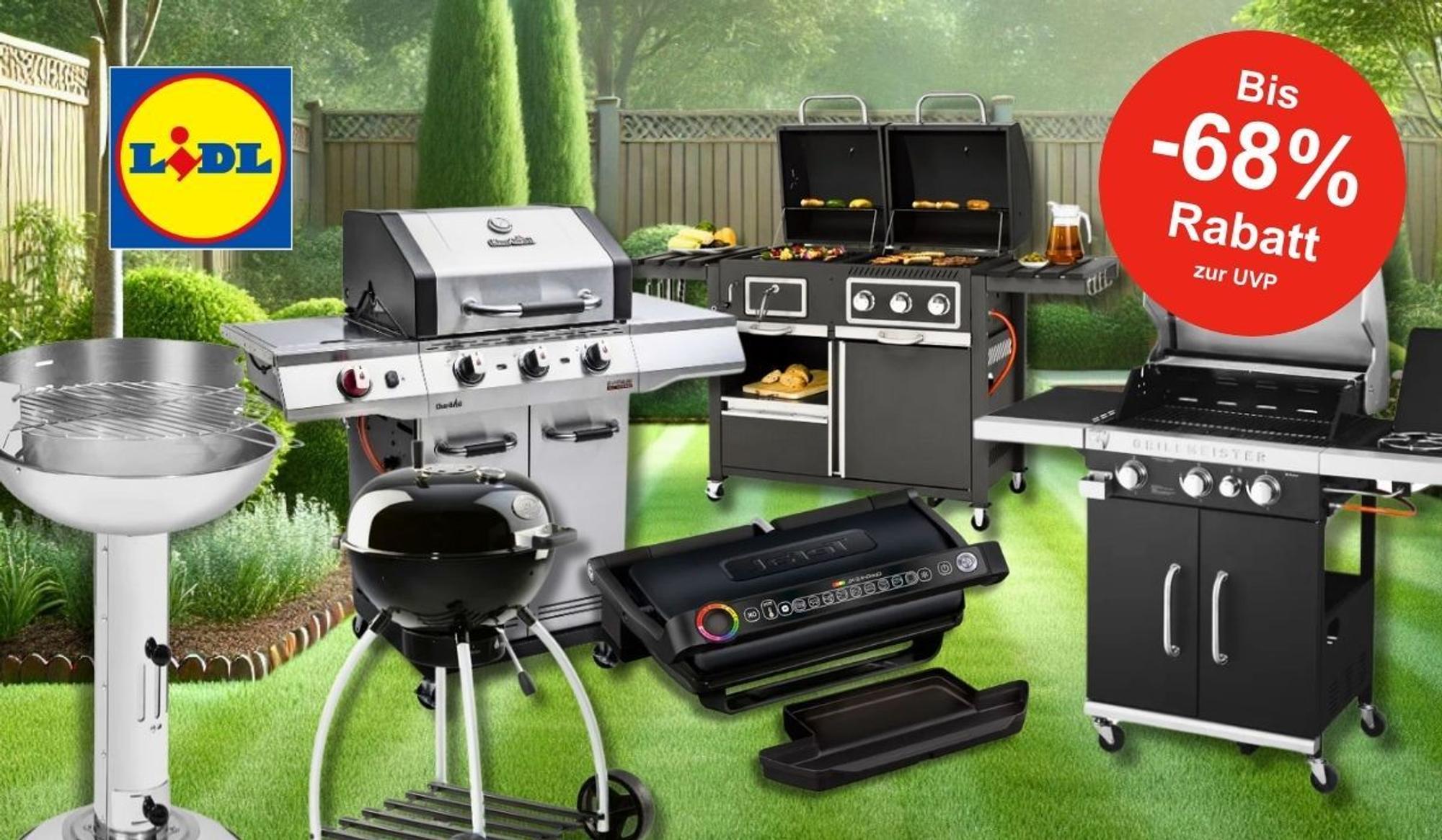 Verschiedene Grillmodelle wie klassischer Holzkohlegrill, zwei große Gasgrills, elektrischer Kontaktgrill, Räucherofen vor dem Bild eines Gartens mit grünem, kurzgeschnittenen Rasen und Holz-Zaun.