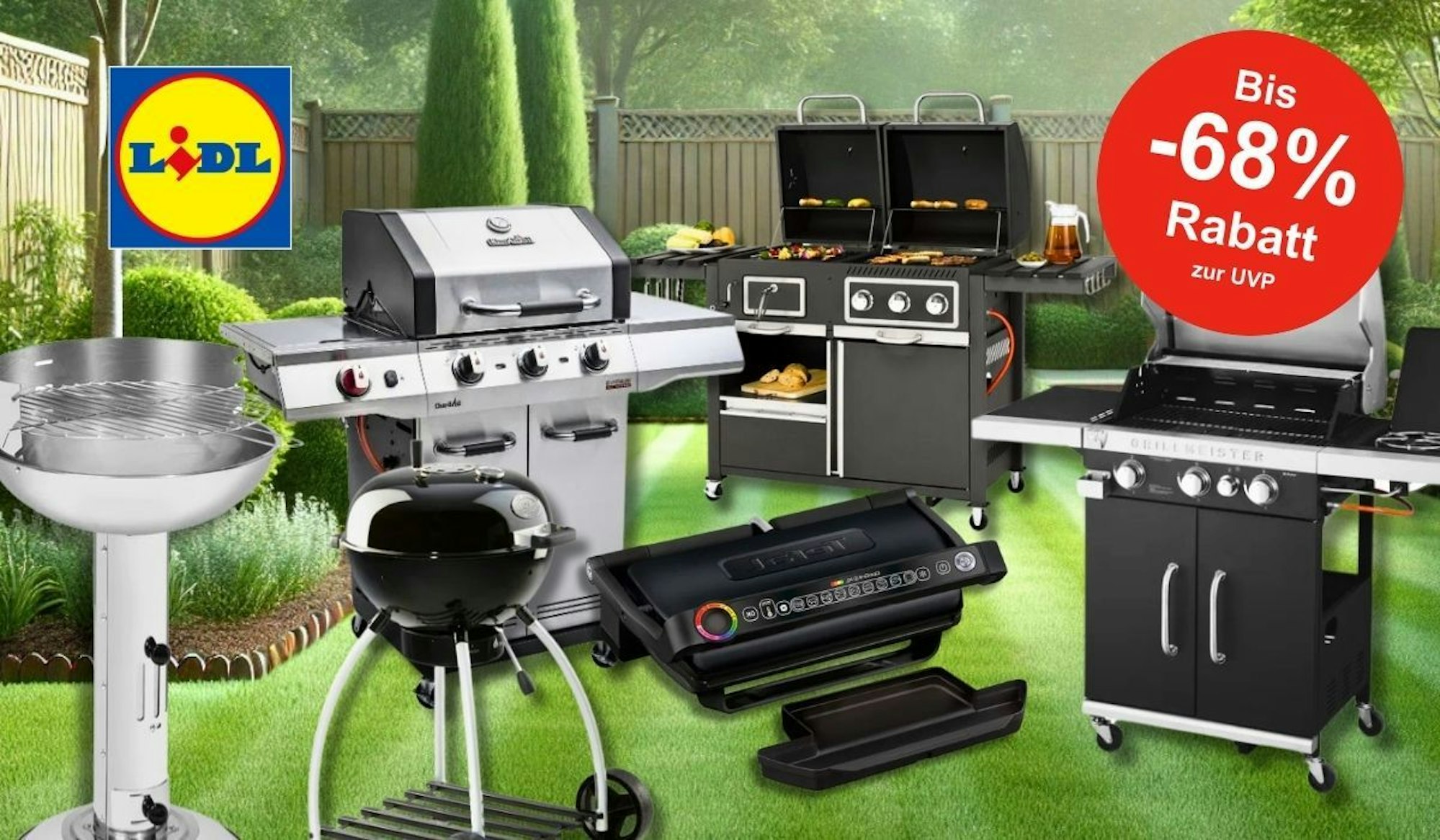 Verschiedene Grillmodelle wie klassischer Holzkohlegrill, zwei große Gasgrills, elektrischer Kontaktgrill, Räucherofen vor dem Bild eines Gartens mit grünem, kurzgeschnittenen Rasen und Holz-Zaun.