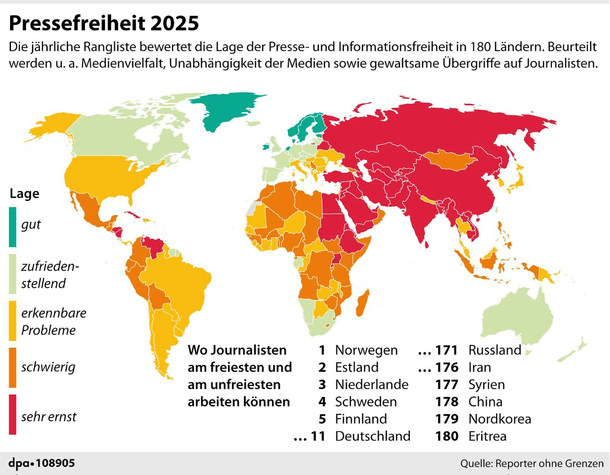 Die Weltkarte zeigt die Rangliste der Pressefreiheit.