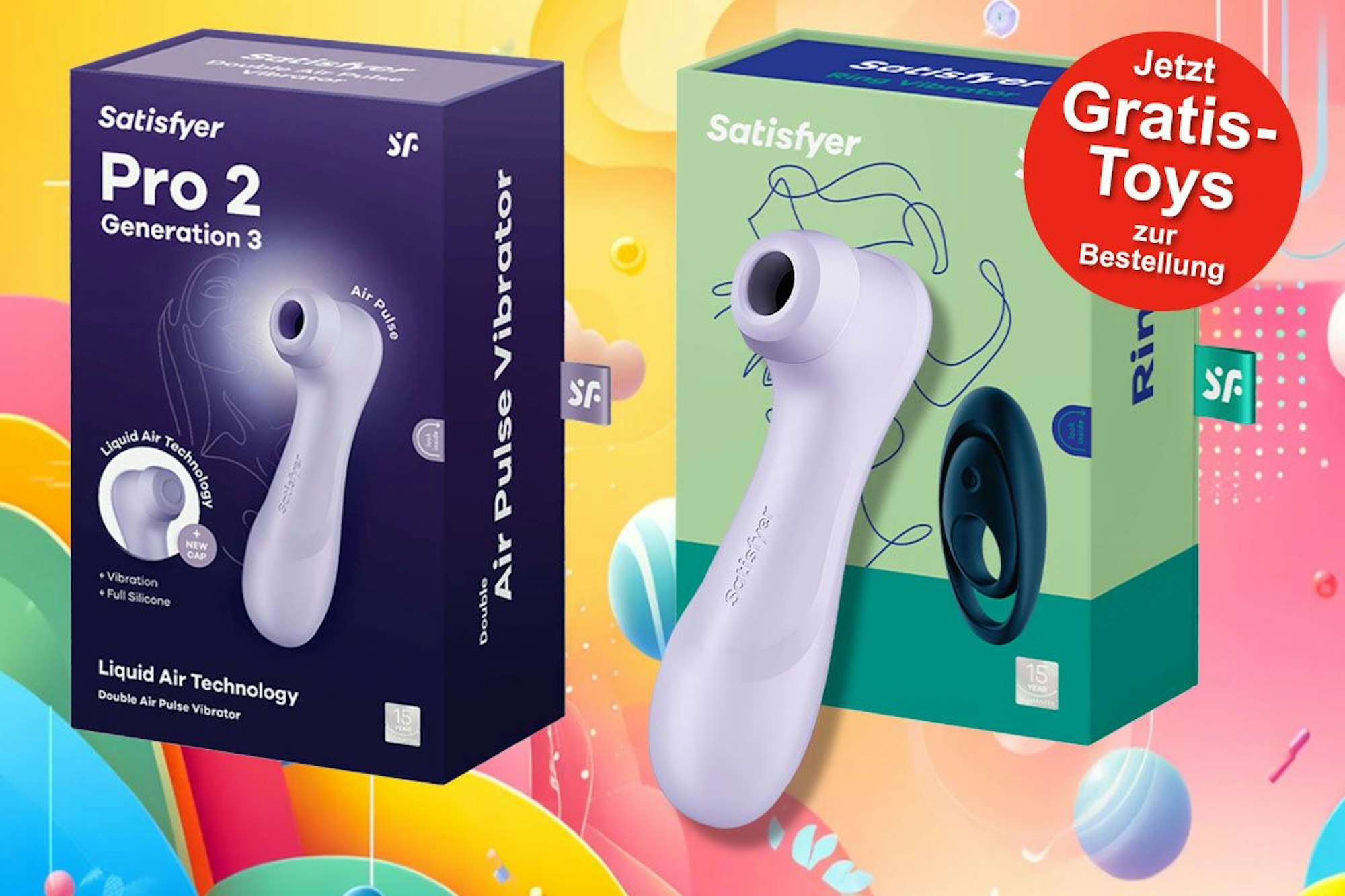 Satisfyer Pro 2 Generation 3 und Glorious Duo vor einem bunten Hintergrund mit geometrischen Formen.