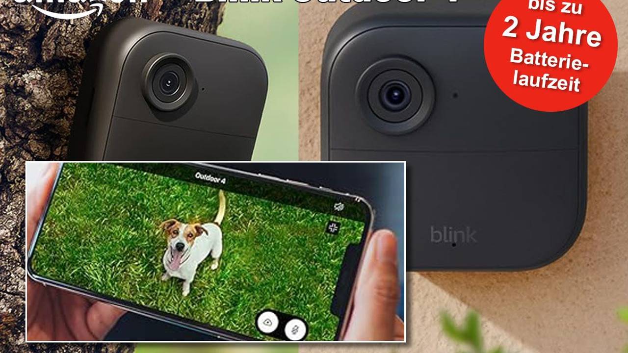 Blink Outdoor 4 Kamera an einem Baum montiert und an einer Hauswand. Dazu ein Bild von einem Smartphne, dass das Kamerabild in der Blink App überträgt.