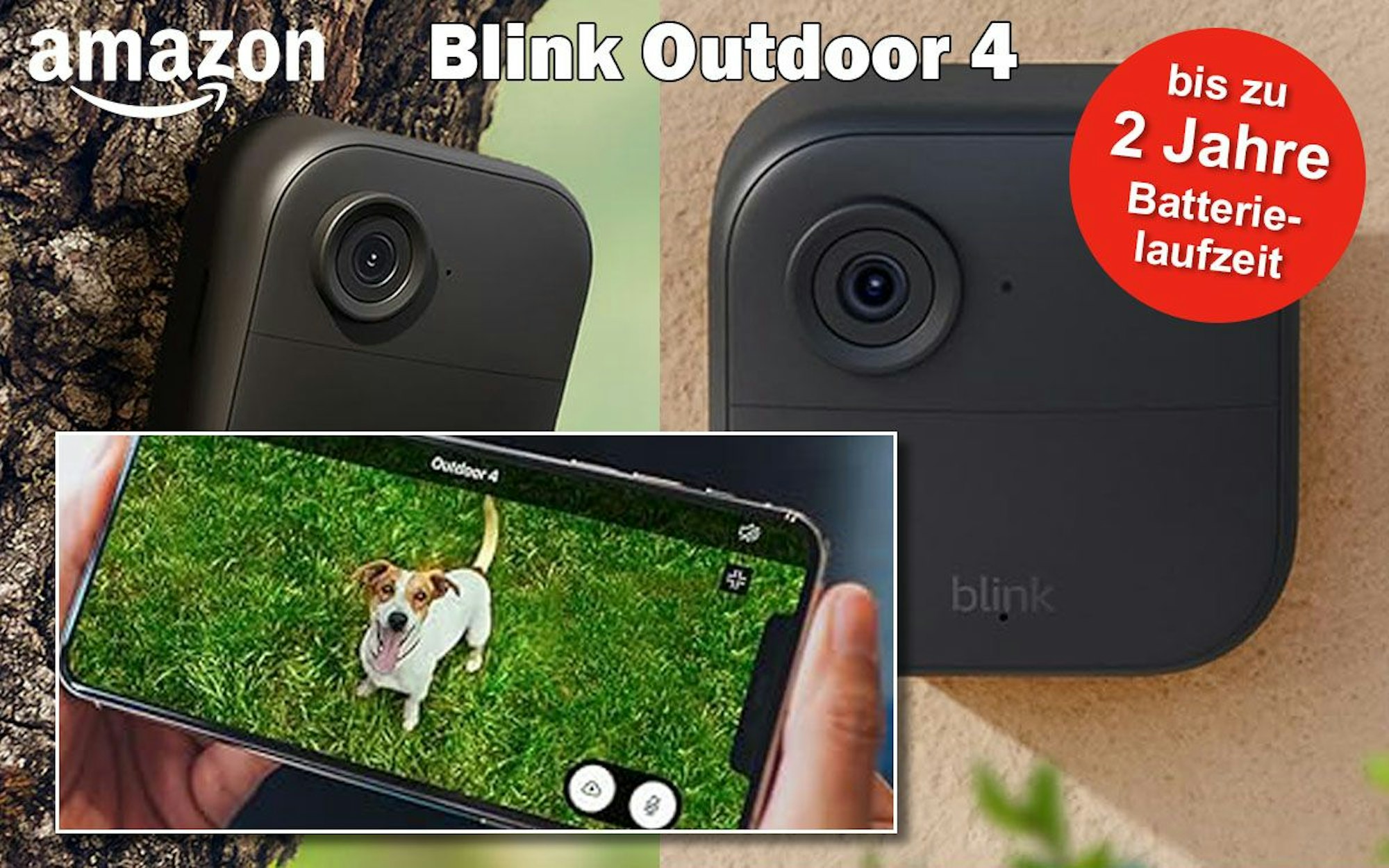 Blink Outdoor 4 Kamera an einem Baum montiert und an einer Hauswand. Dazu ein Bild von einem Smartphne, dass das Kamerabild in der Blink App überträgt.