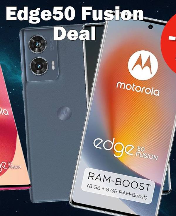 Smartphone Motorola Moto Edge50 Fusion in verschiedenen Farben vor einem Hintergrund mit Sternen und Weltall.