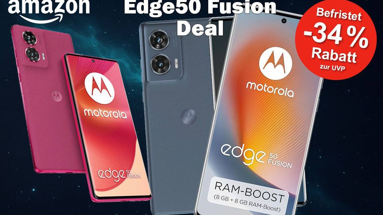 Smartphone Motorola Moto Edge50 Fusion in verschiedenen Farben vor einem Hintergrund mit Sternen und Weltall.