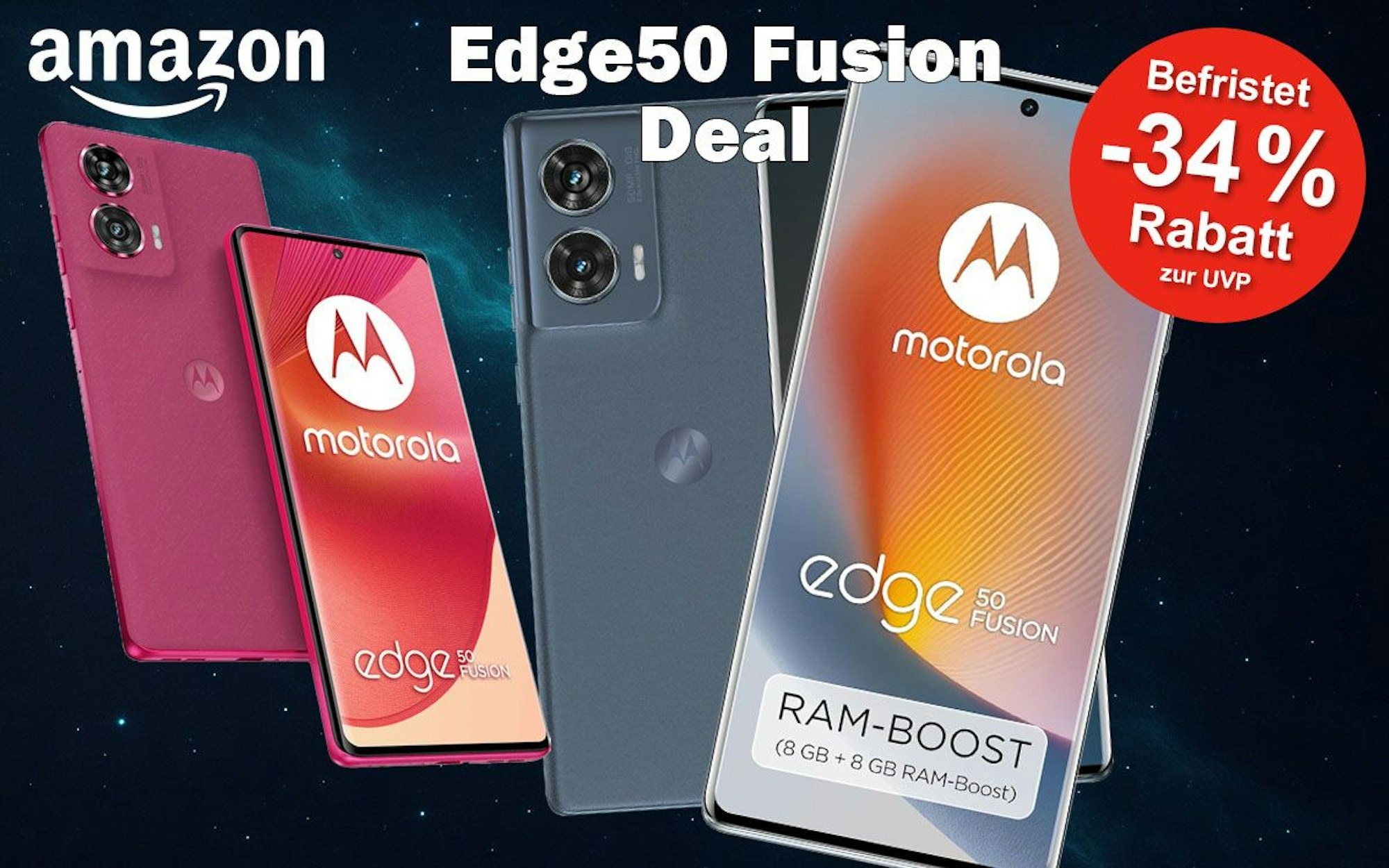 Smartphone Motorola Moto Edge50 Fusion in verschiedenen Farben vor einem Hintergrund mit Sternen und Weltall.