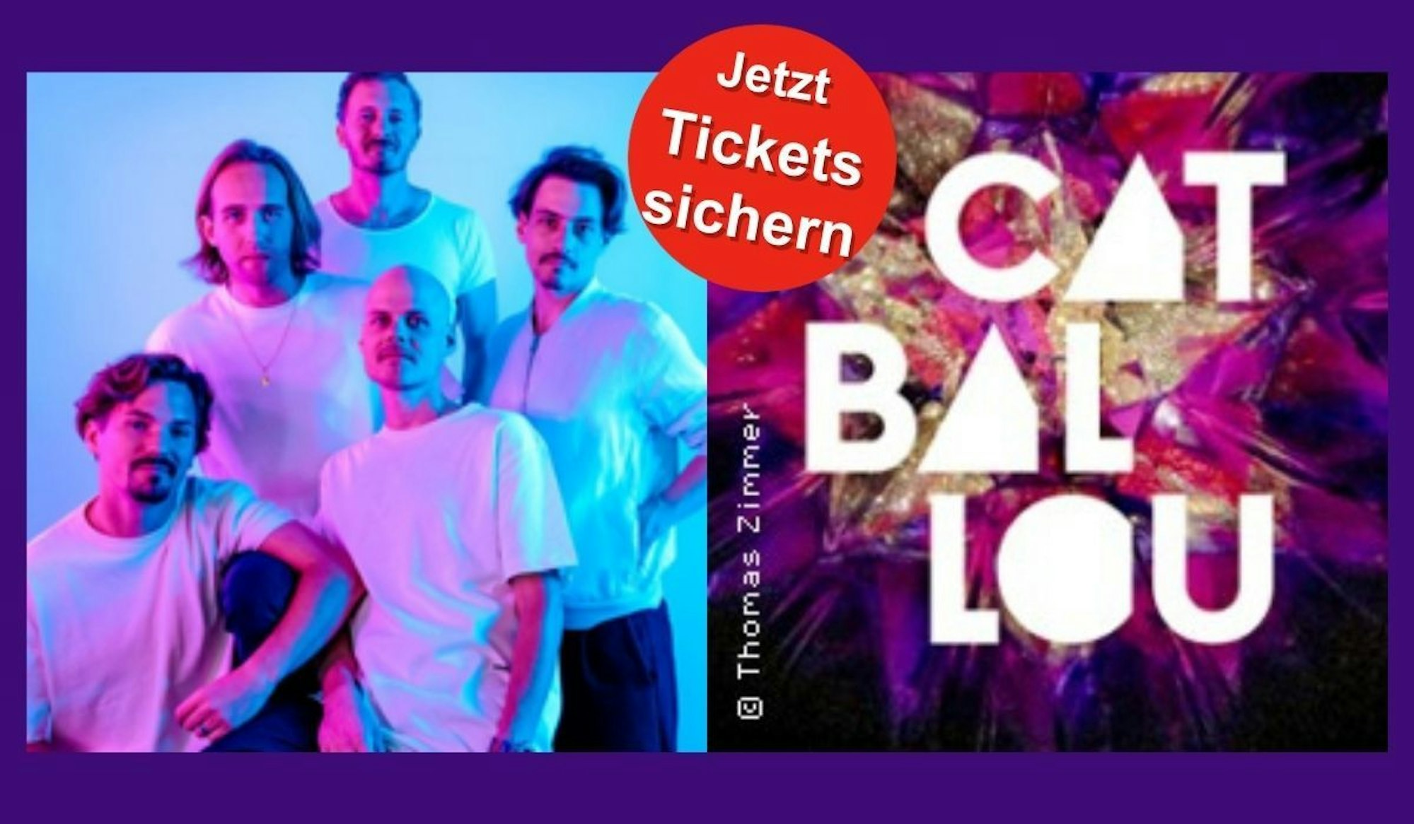 Links die fünfköpfige Band Cat Ballou in einem stilvollen, blau-violett ausgeleuchteten Portrait. Rechts daneben befindet sich das farbenfrohe Bandlogo auf funkelndem Hintergrund.