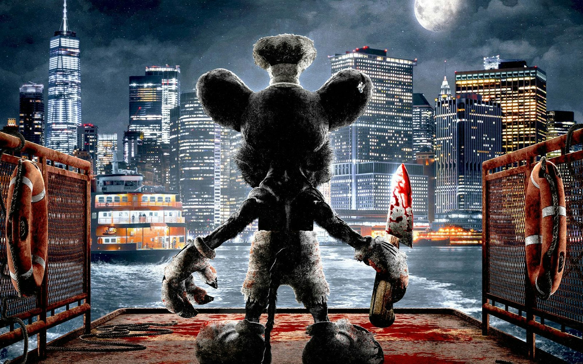 Blutiges Chaos auf einer Fähre - und mittendrin eine Figur, die einem sehr bekannt vorkommt: Bei „Screamboat“ handelt es sich um eine Horror-Adaption des Micky-Maus-Zeichentricks „Steamboat Willie“. (Bild: Tiberius Film GmbH)
