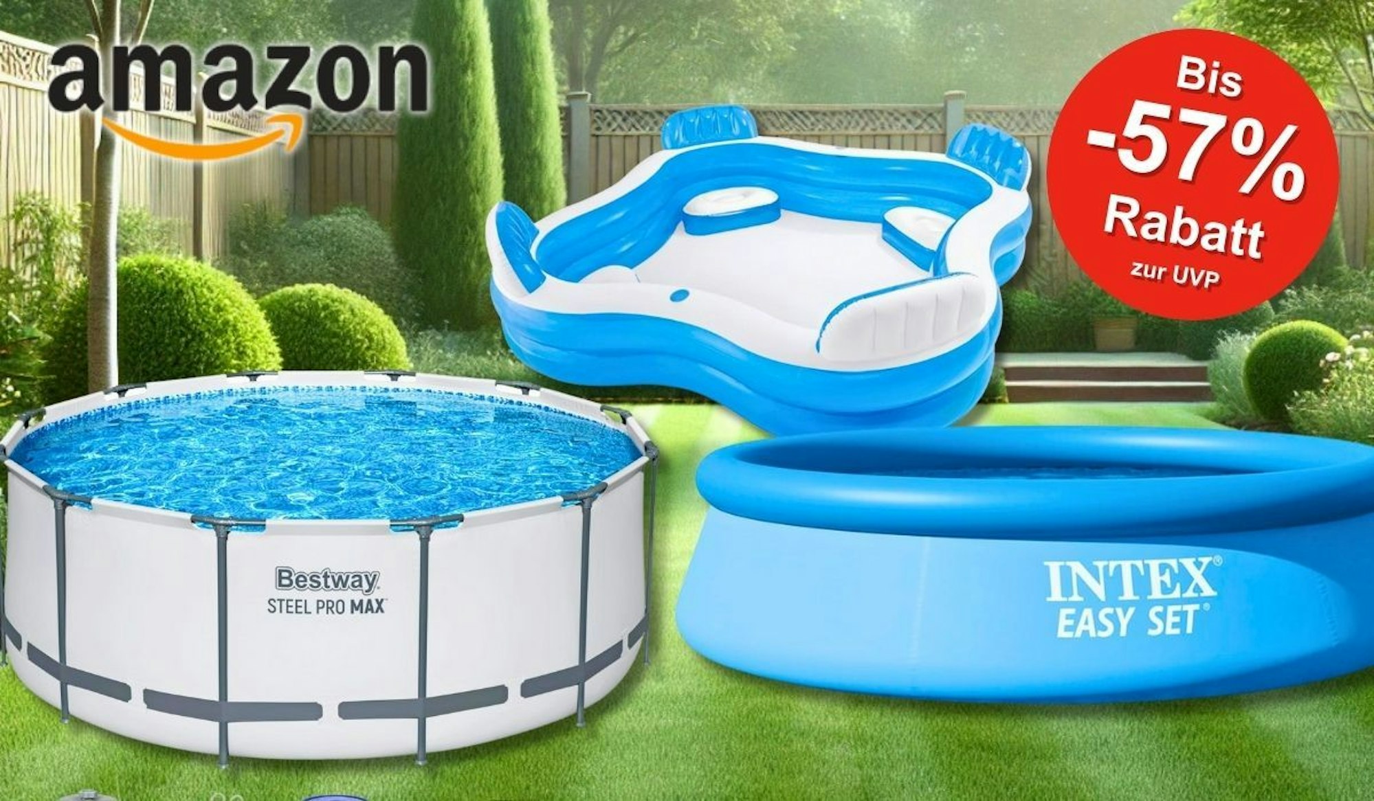 Eine Grafik von drei beliebte aufblasbare und aufstellbare Pools von Bestway und Intex, die prominent im Vordergrund auf einem gepflegten Gartenrasen präsentiert werden.