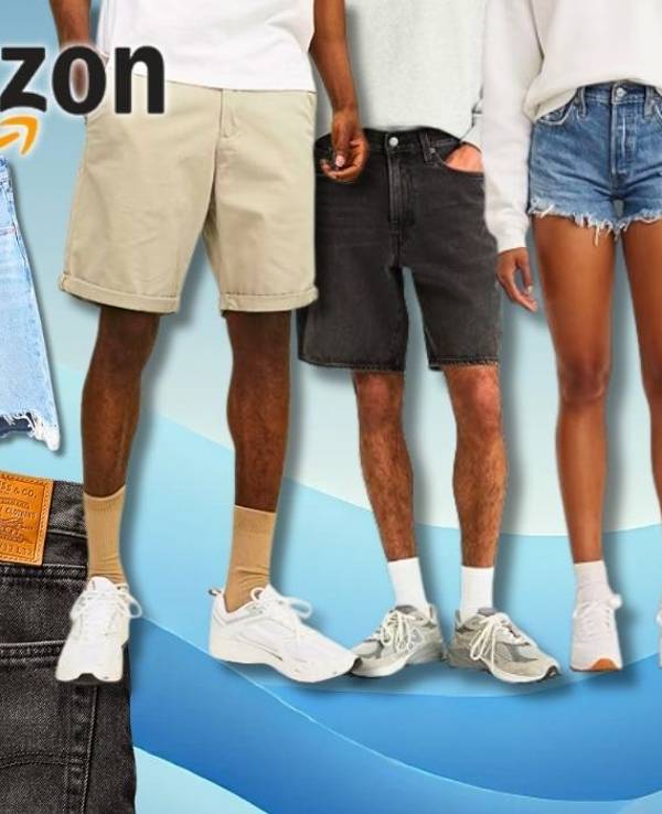 Eine Auswahl modischer Herren- und Damen-Shorts, darunter Jeansshorts, Chinos, Sportshorts und eng anliegende Modelle von Marken wie Levi’s, Nike und adidas.