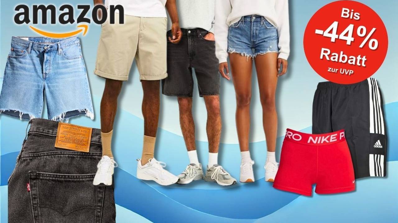 Eine Auswahl modischer Herren- und Damen-Shorts, darunter Jeansshorts, Chinos, Sportshorts und eng anliegende Modelle von Marken wie Levi’s, Nike und adidas.