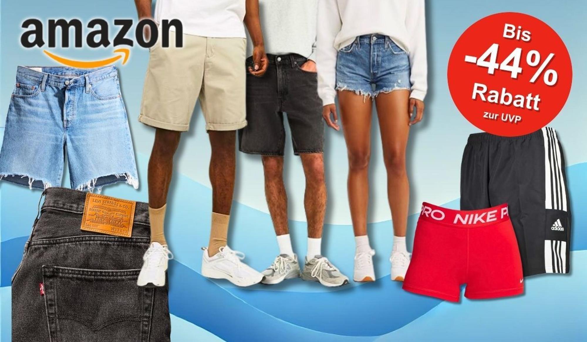 Eine Auswahl modischer Herren- und Damen-Shorts, darunter Jeansshorts, Chinos, Sportshorts und eng anliegende Modelle von Marken wie Levi’s, Nike und adidas.
