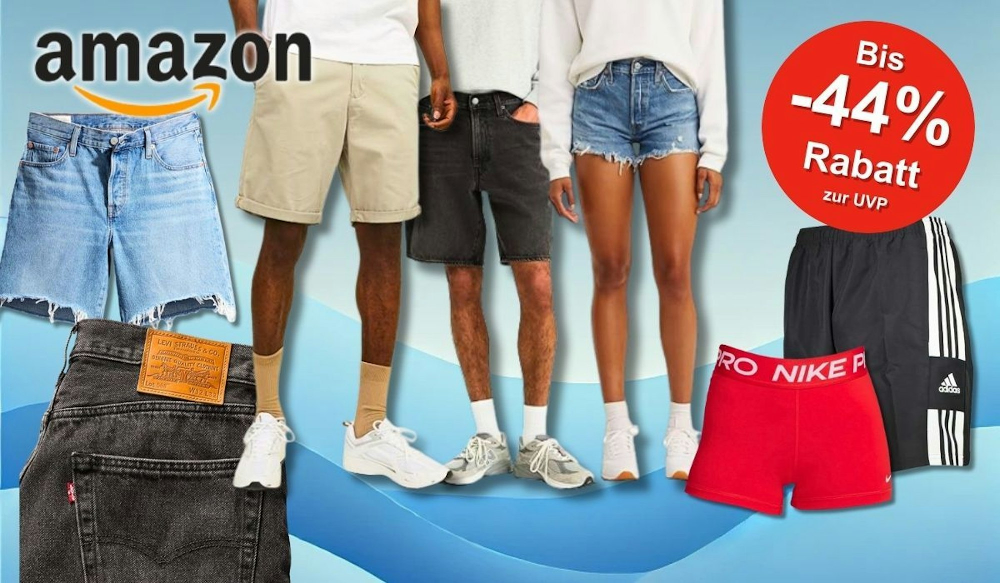 Eine Auswahl modischer Herren- und Damen-Shorts, darunter Jeansshorts, Chinos, Sportshorts und eng anliegende Modelle von Marken wie Levi’s, Nike und adidas.