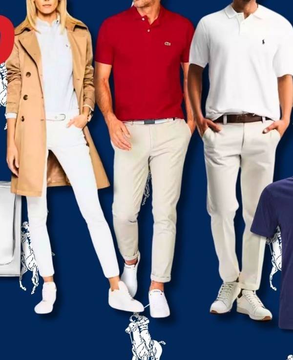 Eine Darstellung mit stilvoll gekleideten Models in Poloshirts, T-Shirts und Hosen sowie zwei Ralph Lauren Parfums vor einem dunkelblauen Hintergrund mit Polo-Spieler-Muster.