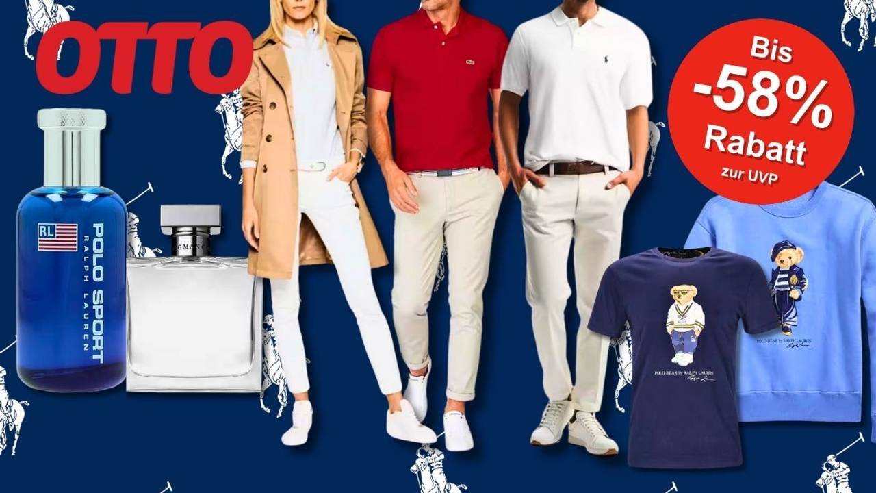 Eine Darstellung mit stilvoll gekleideten Models in Poloshirts, T-Shirts und Hosen sowie zwei Ralph Lauren Parfums vor einem dunkelblauen Hintergrund mit Polo-Spieler-Muster.