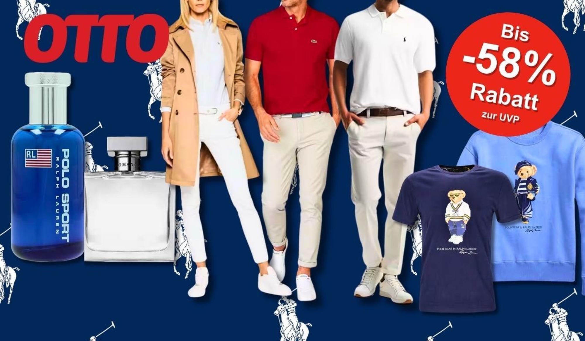 Eine Darstellung mit stilvoll gekleideten Models in Poloshirts, T-Shirts und Hosen sowie zwei Ralph Lauren Parfums vor einem dunkelblauen Hintergrund mit Polo-Spieler-Muster.