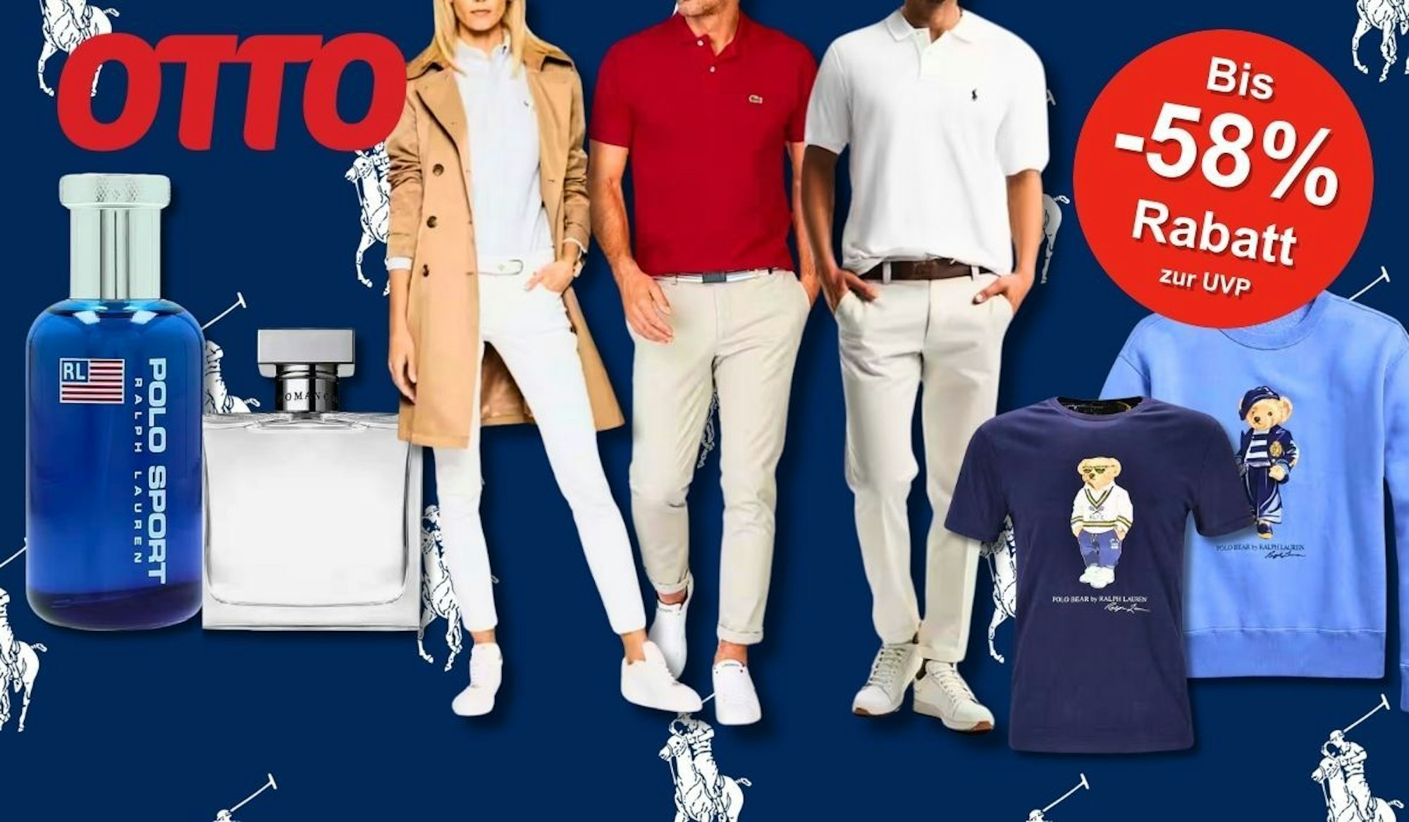 Eine Darstellung mit stilvoll gekleideten Models in Poloshirts, T-Shirts und Hosen sowie zwei Ralph Lauren Parfums vor einem dunkelblauen Hintergrund mit Polo-Spieler-Muster.