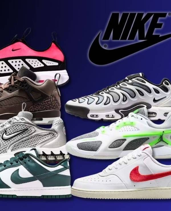 Eine Auswahl trendiger Nike Sneaker, darunter Modelle wie Dunks, Air Max und Jordan, vor einem blauen Hintergrund