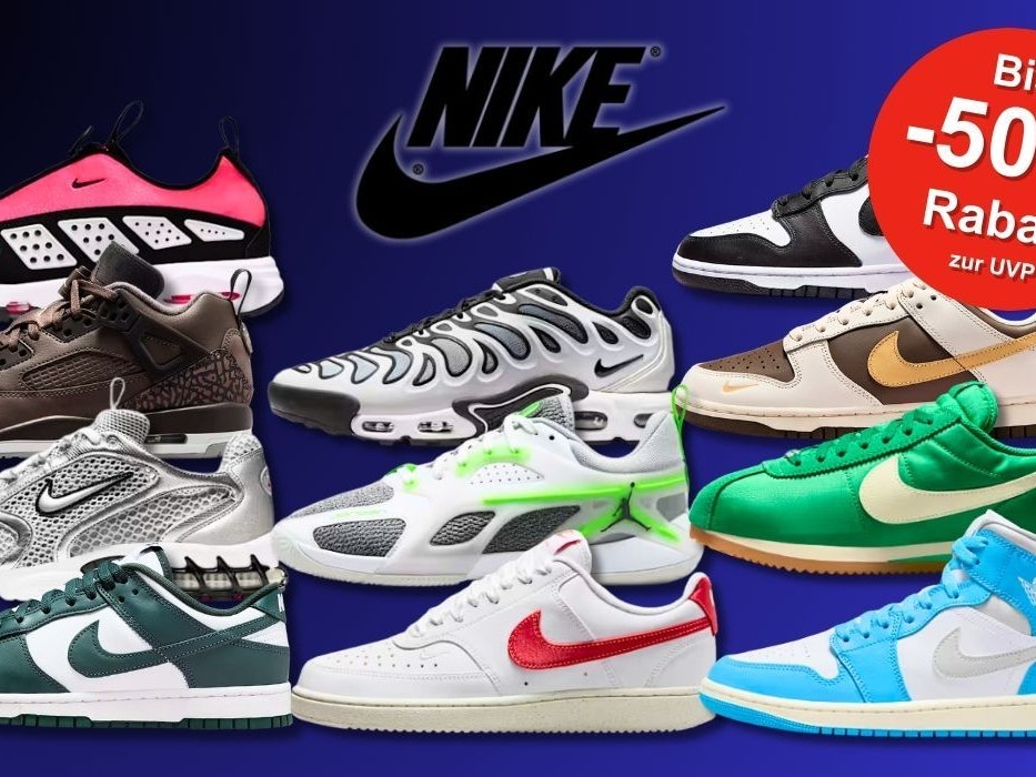 Eine Auswahl trendiger Nike Sneaker, darunter Modelle wie Dunks, Air Max und Jordan, vor einem blauen Hintergrund