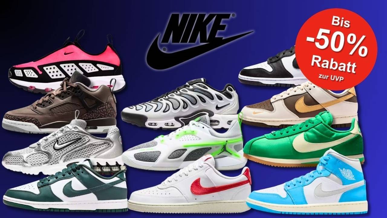 Eine Auswahl trendiger Nike Sneaker, darunter Modelle wie Dunks, Air Max und Jordan, vor einem blauen Hintergrund
