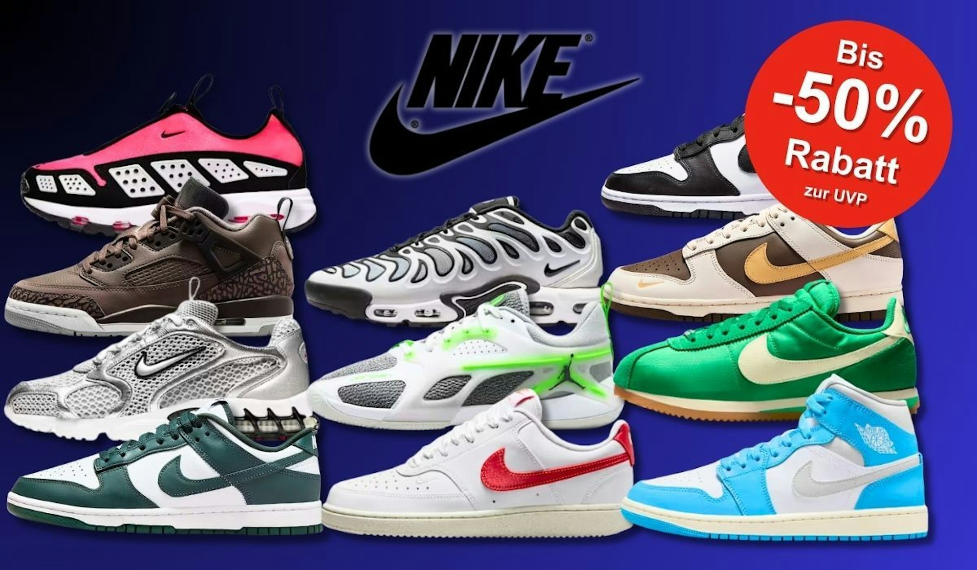 Eine Auswahl trendiger Nike Sneaker, darunter Modelle wie Dunks, Air Max und Jordan, vor einem blauen Hintergrund