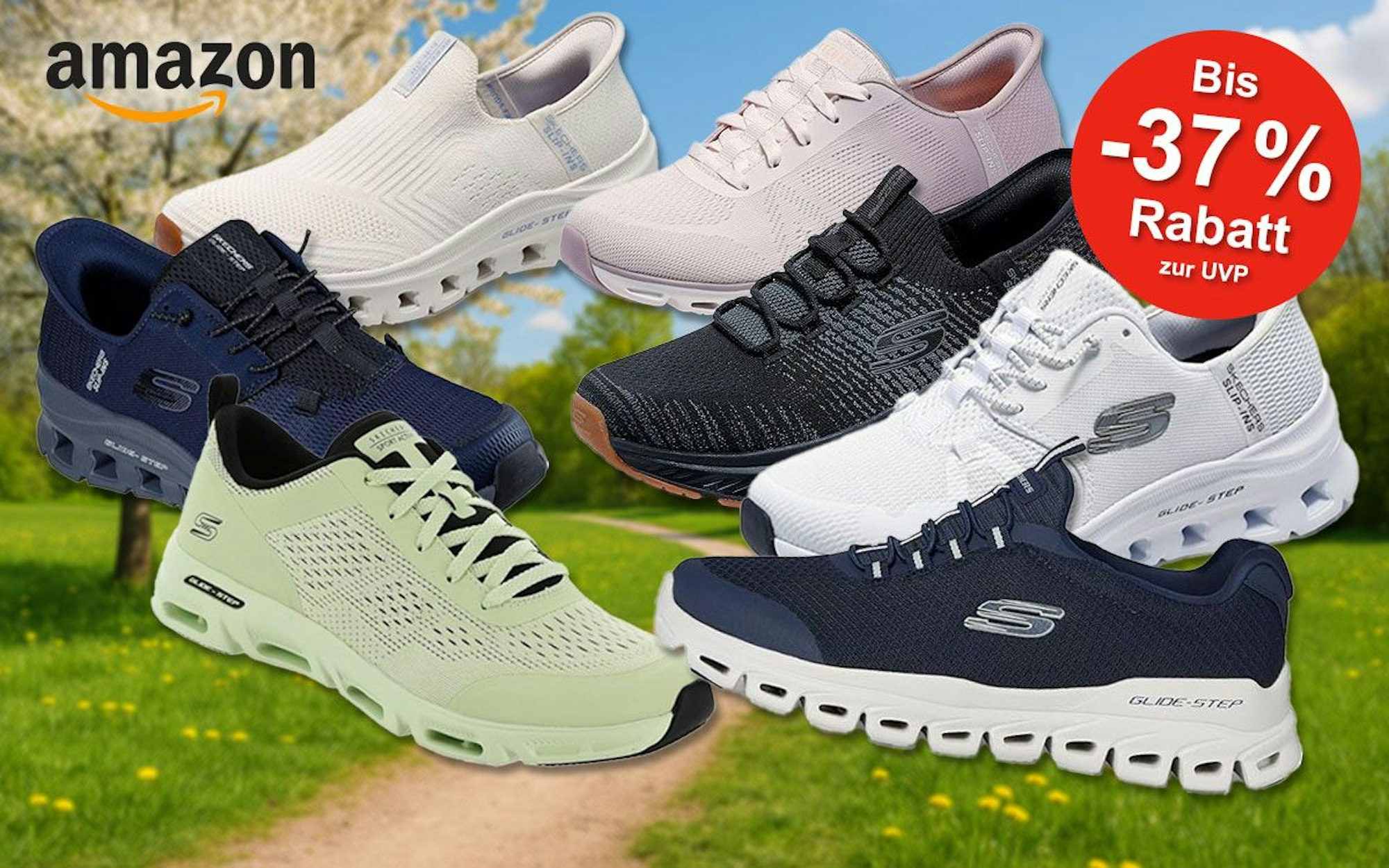 Skechers Glide-Step Pro Sneaker Modelle in verschiedenen Farben für Damen und Herren vor einem Hintergrund mit grüner Wiese, Parkweg und Wald.