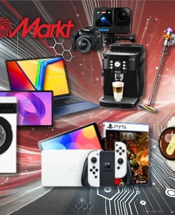 Eine Darstellung von verschiedenen Technik-Highlights wie Waschmaschine, Kühlschrank, Laptops, Kameras, Smartwatch, Spielekonsolen und Kaffeemaschine vor einem roten Hintergrund im Hightech-Stil.