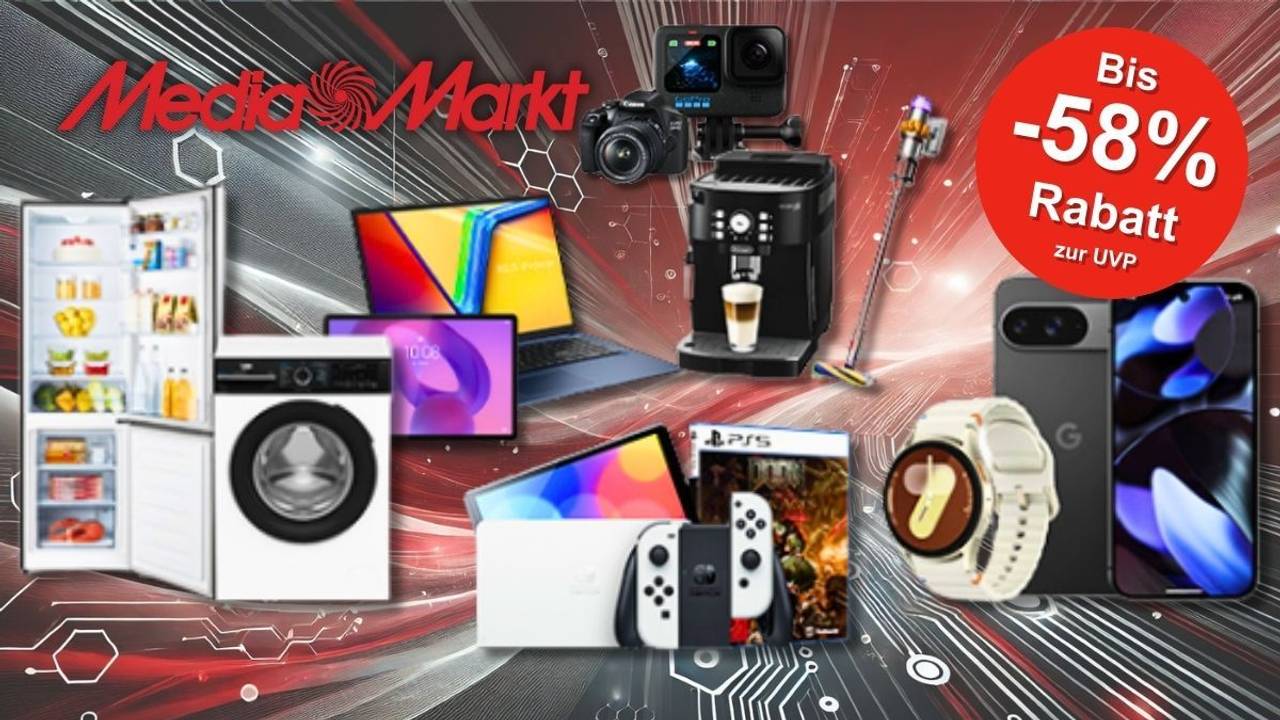 Eine Darstellung von verschiedenen Technik-Highlights wie Waschmaschine, Kühlschrank, Laptops, Kameras, Smartwatch, Spielekonsolen und Kaffeemaschine vor einem roten Hintergrund im Hightech-Stil.