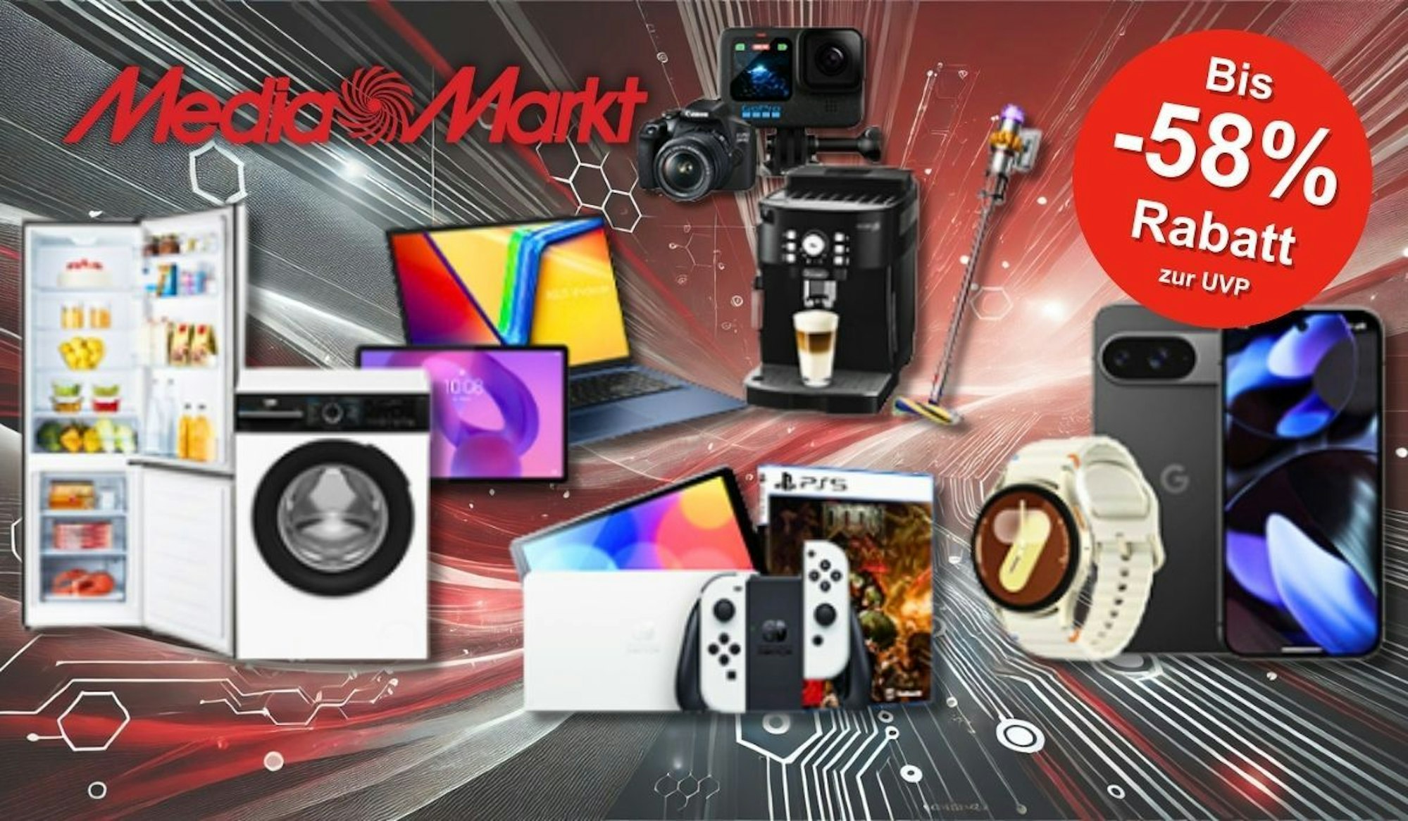 Eine Darstellung von verschiedenen Technik-Highlights wie Waschmaschine, Kühlschrank, Laptops, Kameras, Smartwatch, Spielekonsolen und Kaffeemaschine vor einem roten Hintergrund im Hightech-Stil.