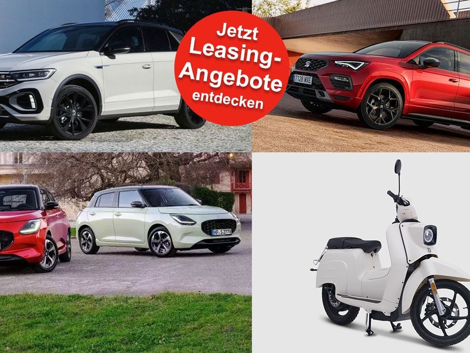 Bilder der Fahrzeugmodelle Volkswagen T-Roc R-Line, SEAT Ateca, Suzuki Swift oder eSchwalbe 50er.
