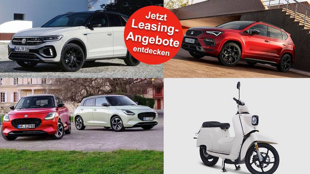 Bilder der Fahrzeugmodelle Volkswagen T-Roc R-Line, SEAT Ateca, Suzuki Swift oder eSchwalbe 50er.