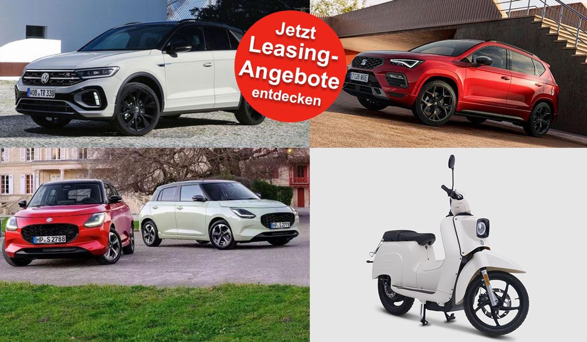 Bilder der Fahrzeugmodelle Volkswagen T-Roc R-Line, SEAT Ateca, Suzuki Swift oder eSchwalbe 50er.