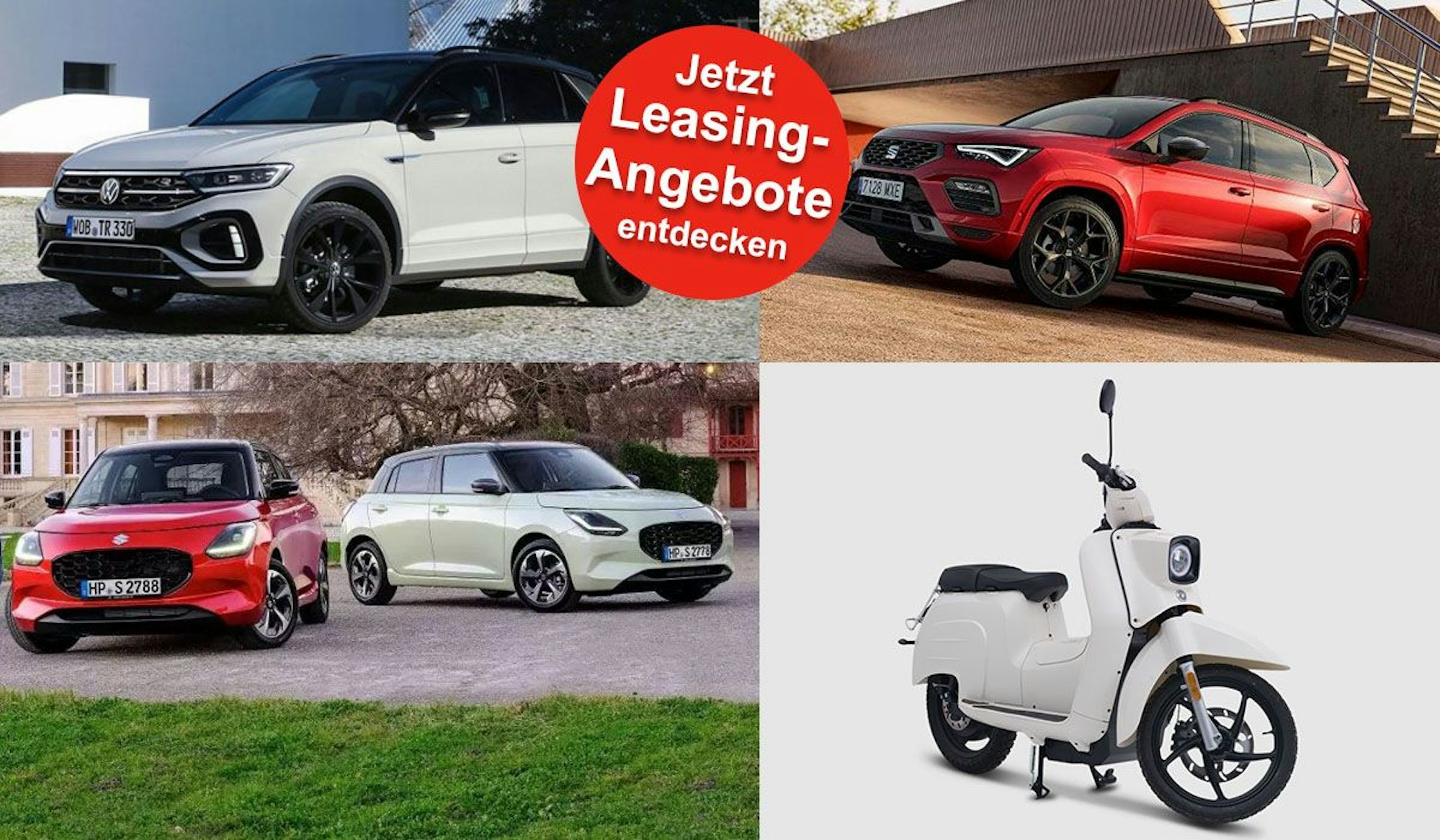 Bilder der Fahrzeugmodelle Volkswagen T-Roc R-Line, SEAT Ateca, Suzuki Swift oder eSchwalbe 50er.