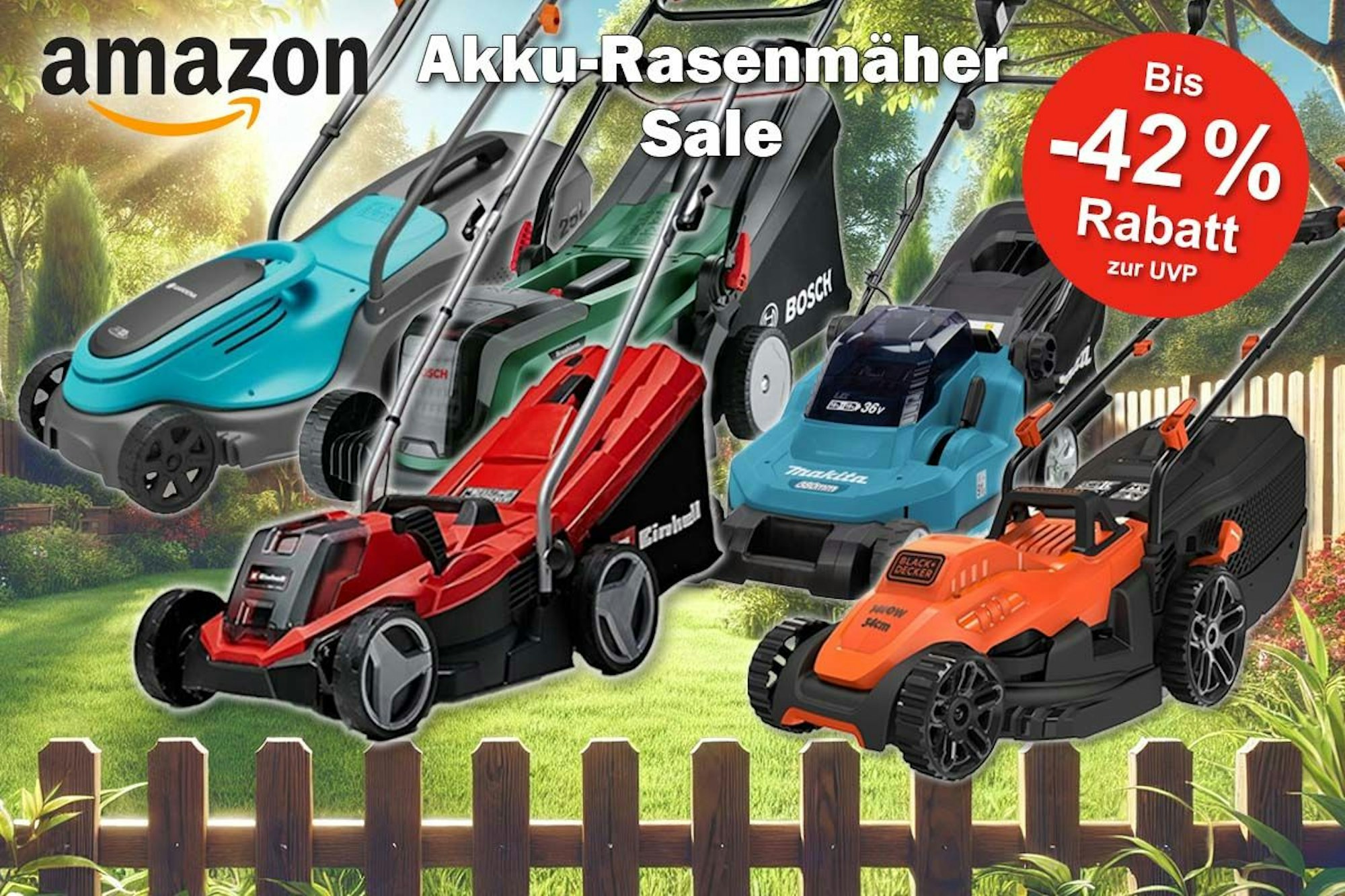 Akku Rasenmäher verschiedener bekannter Marken aus dem Garten und Baumarkt Produktsektor. Mit dabei Modelle von Bosch, Makita, Gardena, Einhell, Worx vor einem Hintergrund mit einem Garten mit Rasen und Holzzaun.