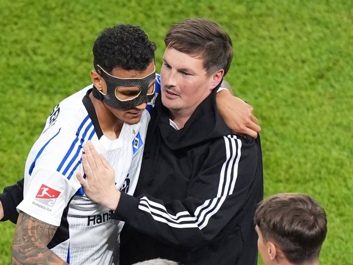 Merlin Polzin herzt Davie Selke nach dem Aufstieg des Hamburger SV in die Bundesliga.
