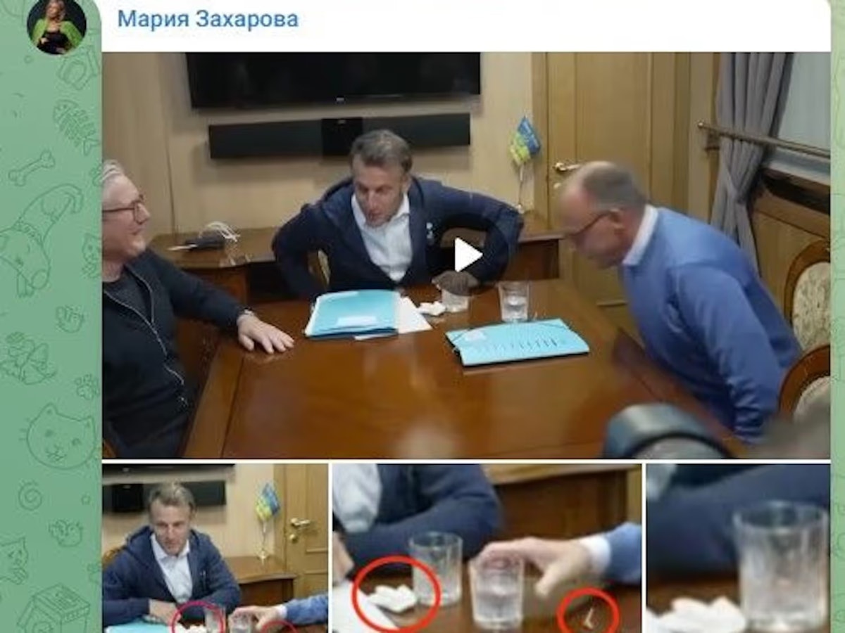 Ein Screenshot aus dem Telegram-Kanal von Maria Sacharowa zeigt, wie die russische Außenamtssprecherin die Kampagne gegen Merz und Macron befeuert hat.