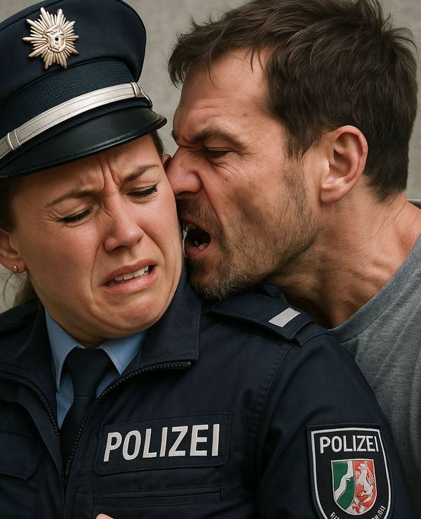 Einer Polizistin wird ein Teil des Ohres abgebissen. Das Foto wurde mit der KI ChatGPT erstellt.