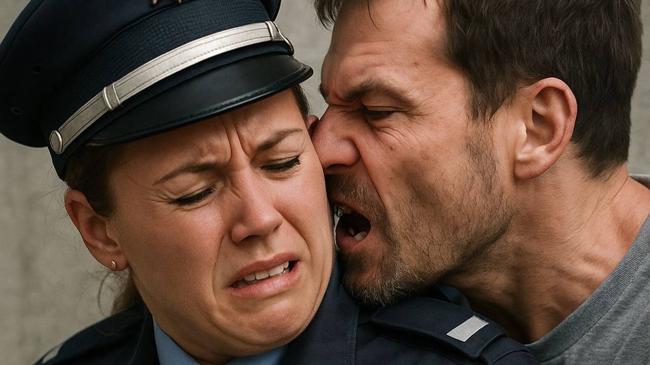 Einer Polizistin wird ein Teil des Ohres abgebissen. Das Foto wurde mit der KI ChatGPT erstellt.