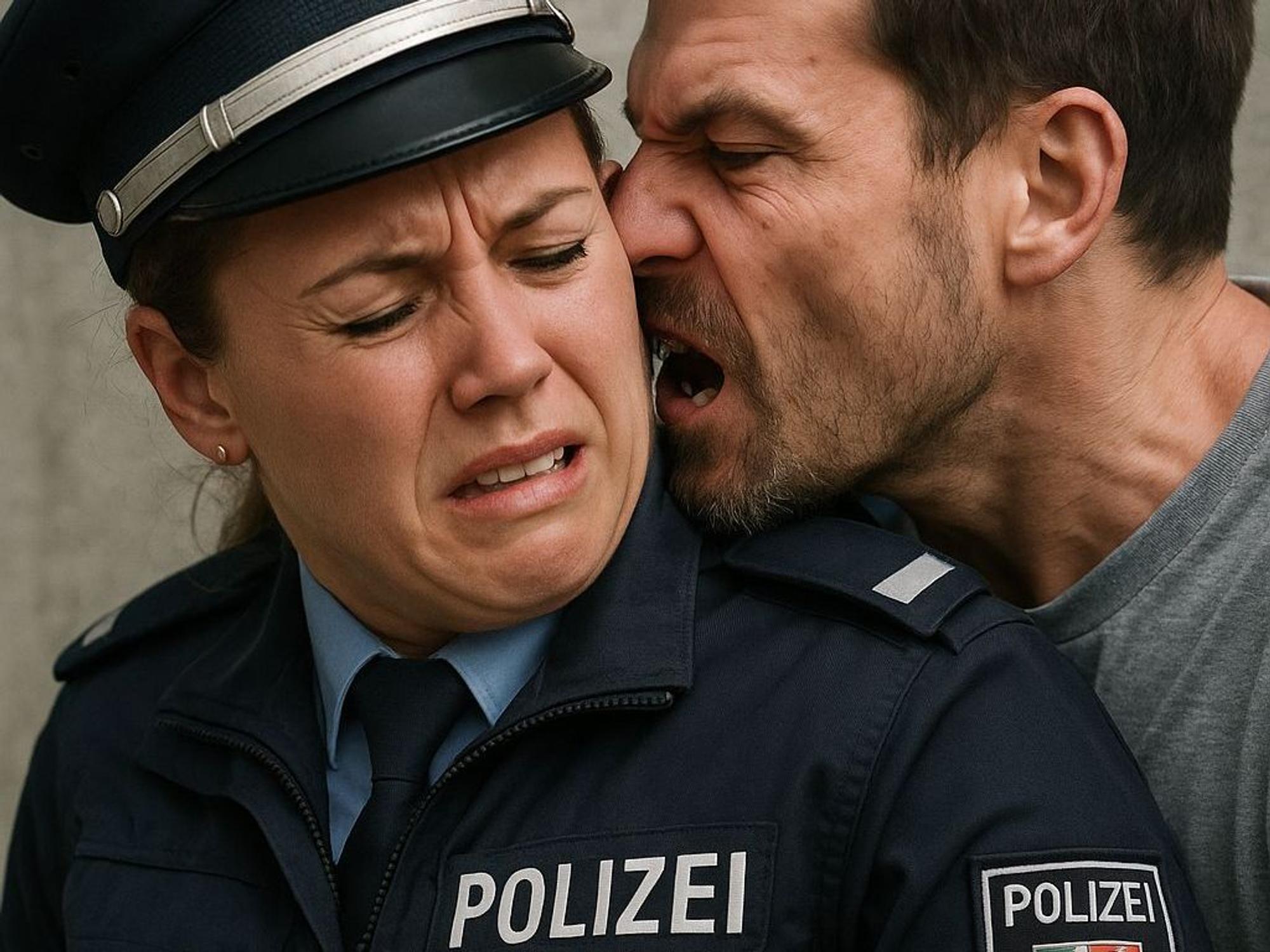 Einer Polizistin wird ein Teil des Ohres abgebissen. Das Foto wurde mit der KI ChatGPT erstellt.