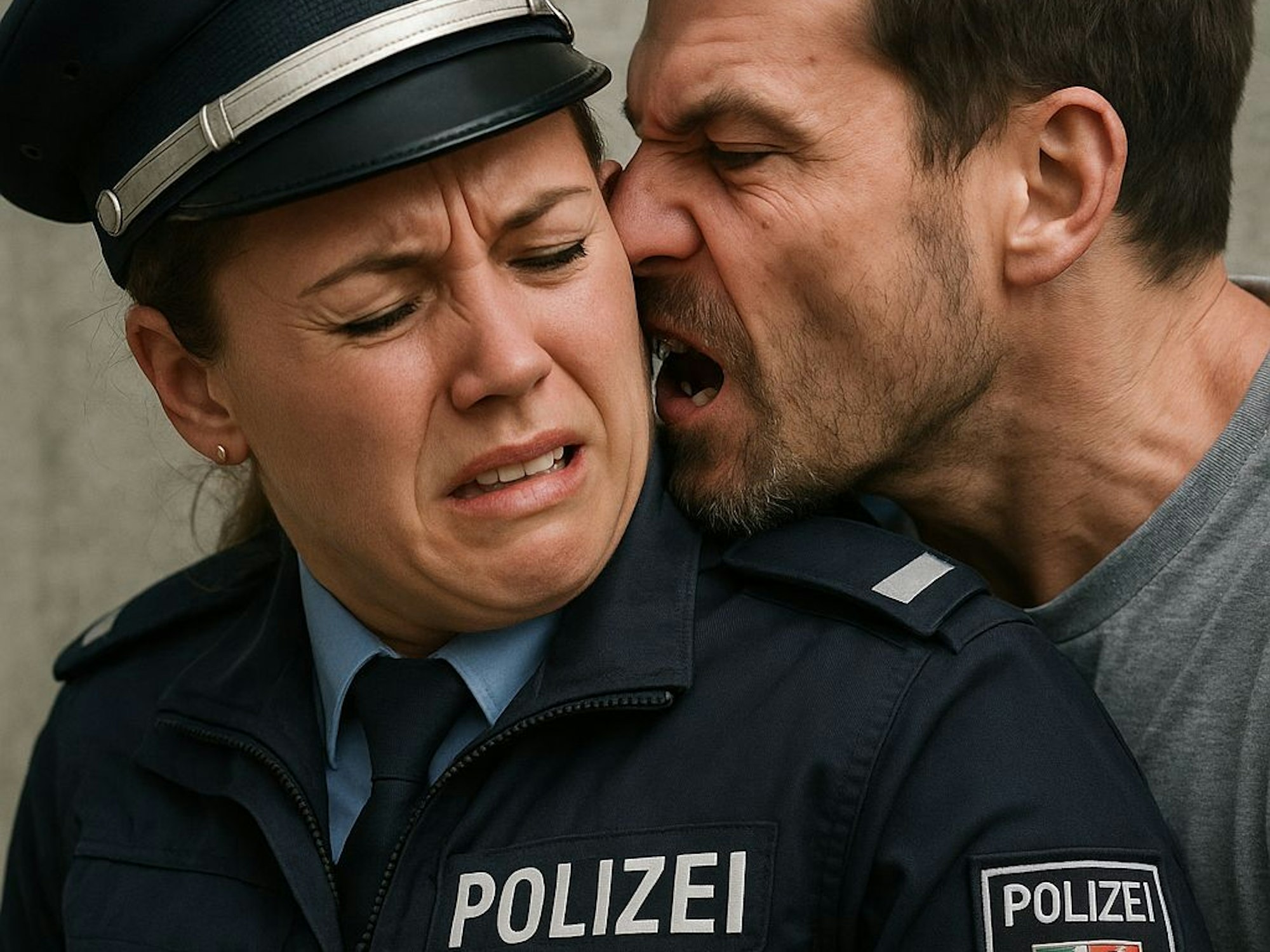 Einer Polizistin wird ein Teil des Ohres abgebissen. Das Foto wurde mit der KI ChatGPT erstellt.