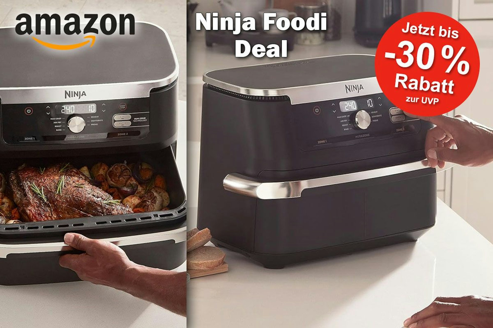 Ninja Foodi FlexDrawer Dual Zone Heißluftfritteuse Airfryer während der Benutzung in der Küche mit geöffneter Schublade.