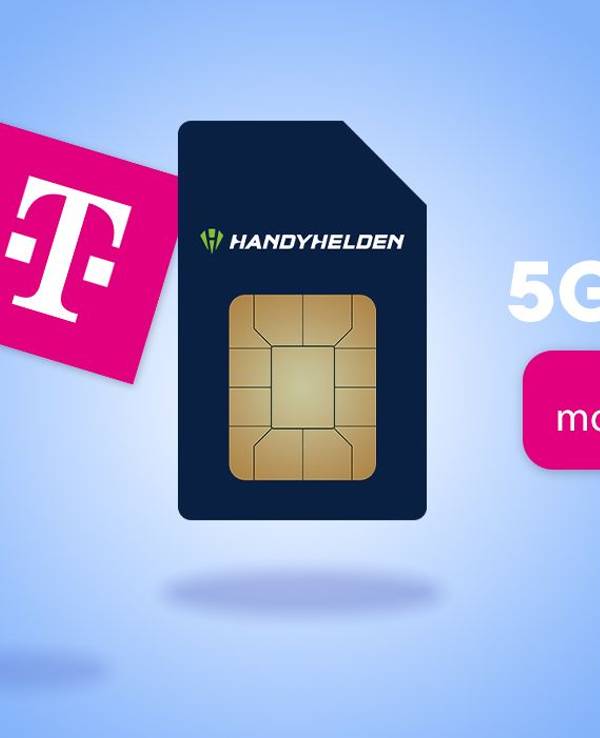 Telekom-Logo und Handyhelden-Sim-Karte auf blauem Hintergrund.