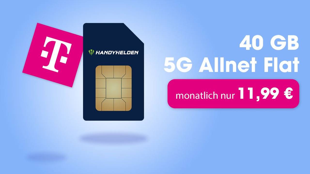 Telekom-Logo und Handyhelden-Sim-Karte auf blauem Hintergrund.