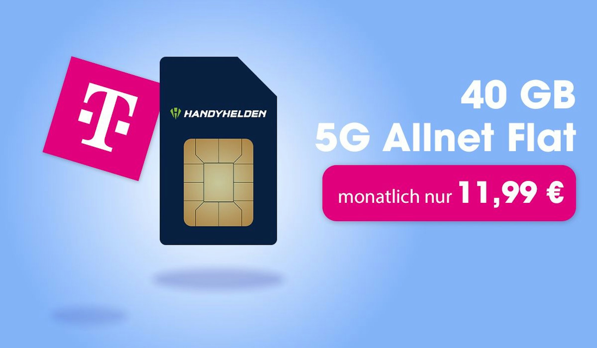 Telekom-Logo und Handyhelden-Sim-Karte auf blauem Hintergrund.
