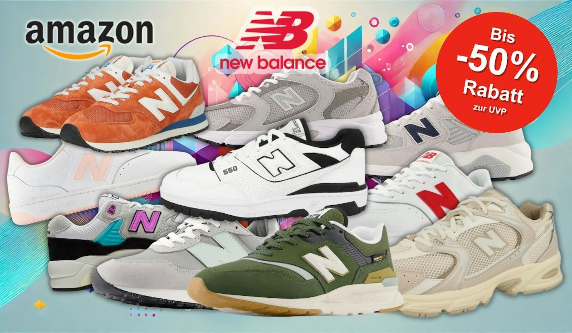 Auf dem Bild sind unterschiedliche New Balance Sneaker Modelle und das New Balance Logo vor einem bunten Hintergrund zu sehen.